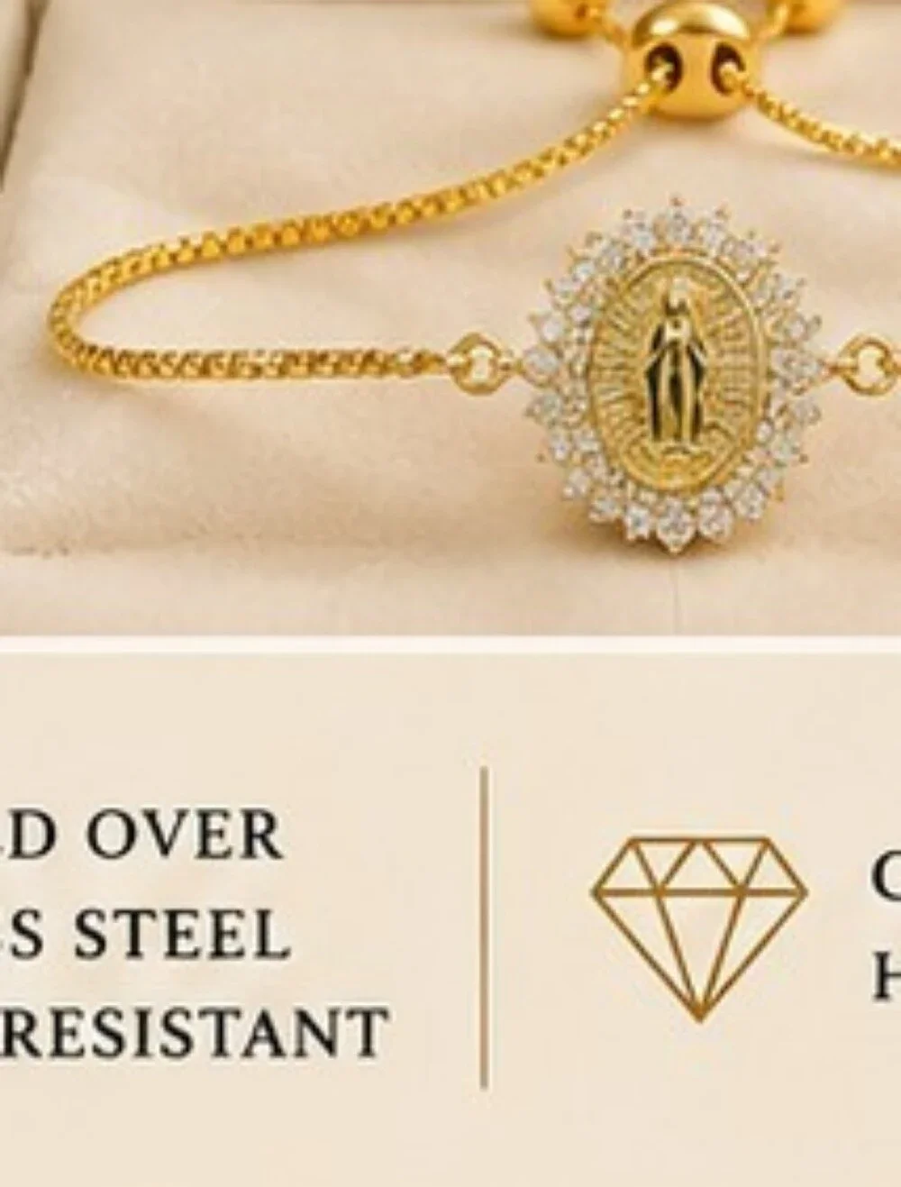 18K Gold Over Stainless Steel Miraculous Medal Bolo Bracelet CZ Halo Adjustable